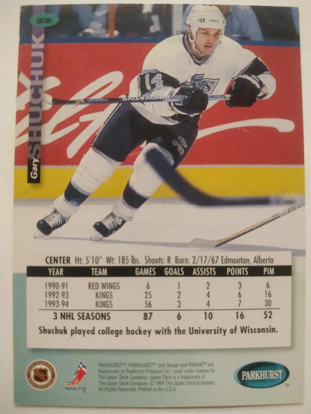 ХОККЕЙ КАРТОЧКА НХЛ PARKHURST 1994-95 NHL GARY SHUCHUK LOS ANGELES KINGS #SE85 1