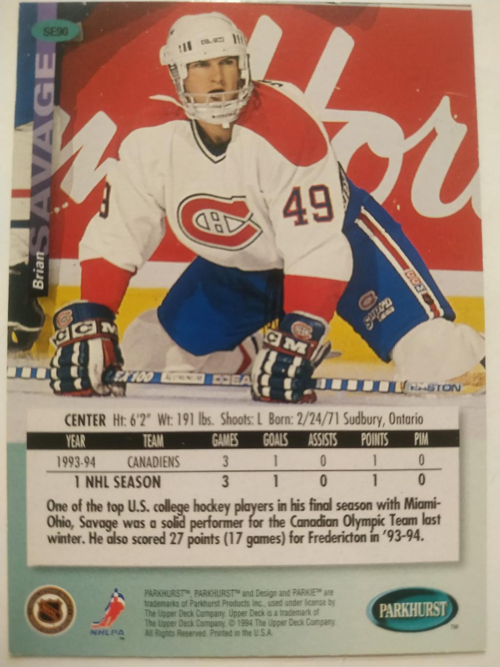 ХОККЕЙ КАРТОЧКА НХЛ PARKHURST 1994-95 NHL BRIAN SAVAGE MONTREAL CANADIENS #SE90 1