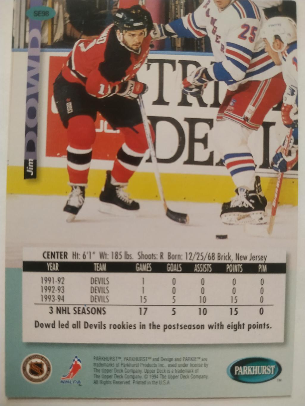 ХОККЕЙ КАРТОЧКА НХЛ PARKHURST 1994-95 NHL JIM DOWD NEW YORK RANGERS #SE98 1