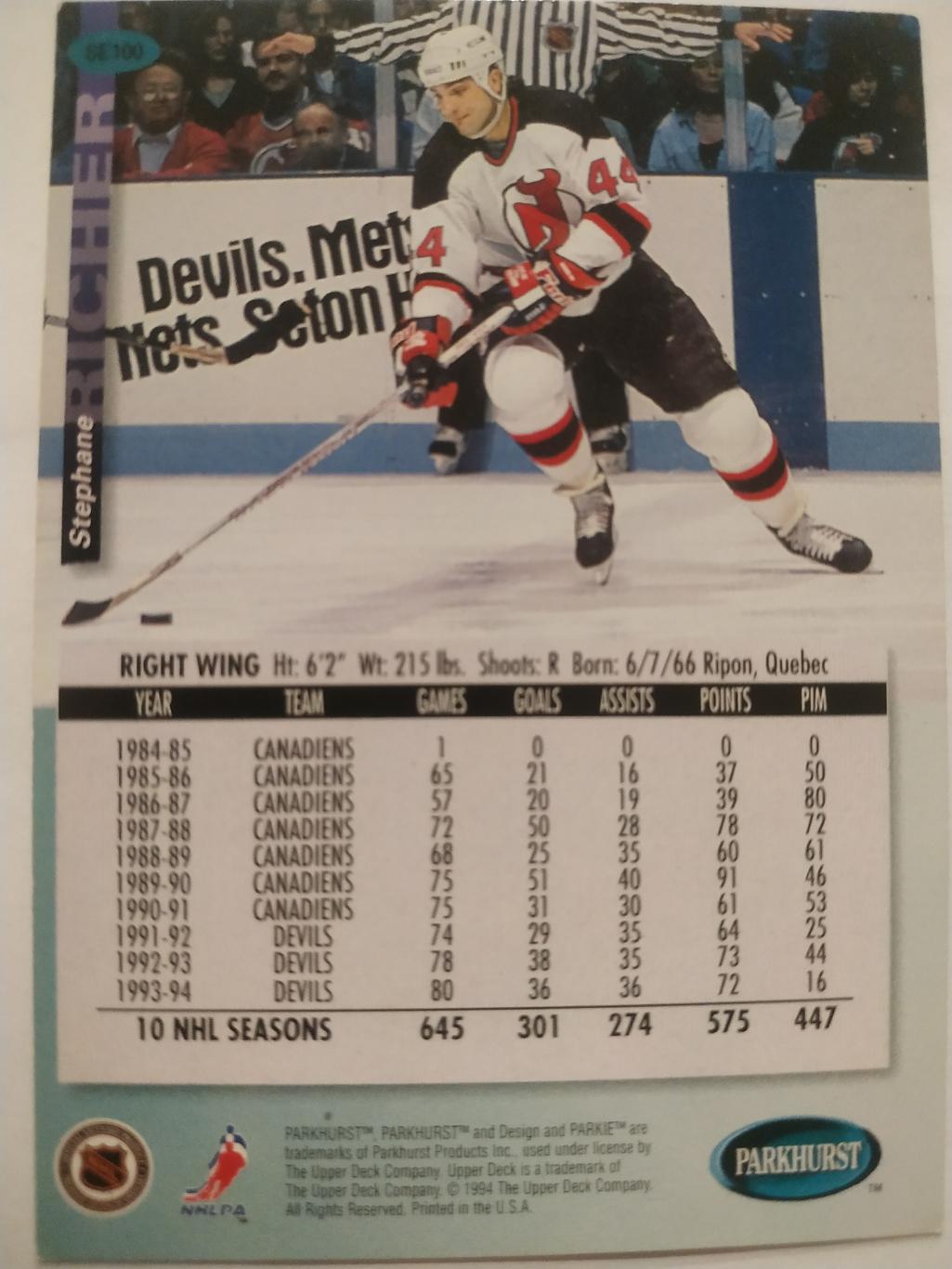 ХОККЕЙ КАРТОЧКА НХЛ PARKHURST 1994-95 NHL STEPHANE RICHER DEVILS #SE100 1
