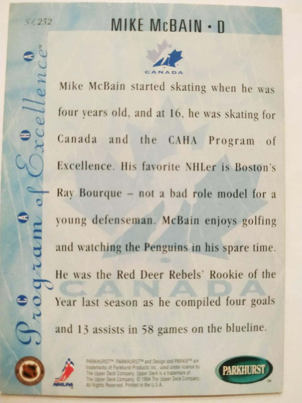 ХОККЕЙ КАРТОЧКА НХЛ PARKHURST 1994-95 NHL MIKE MCBAIN TEAM CANADA #SE252 1