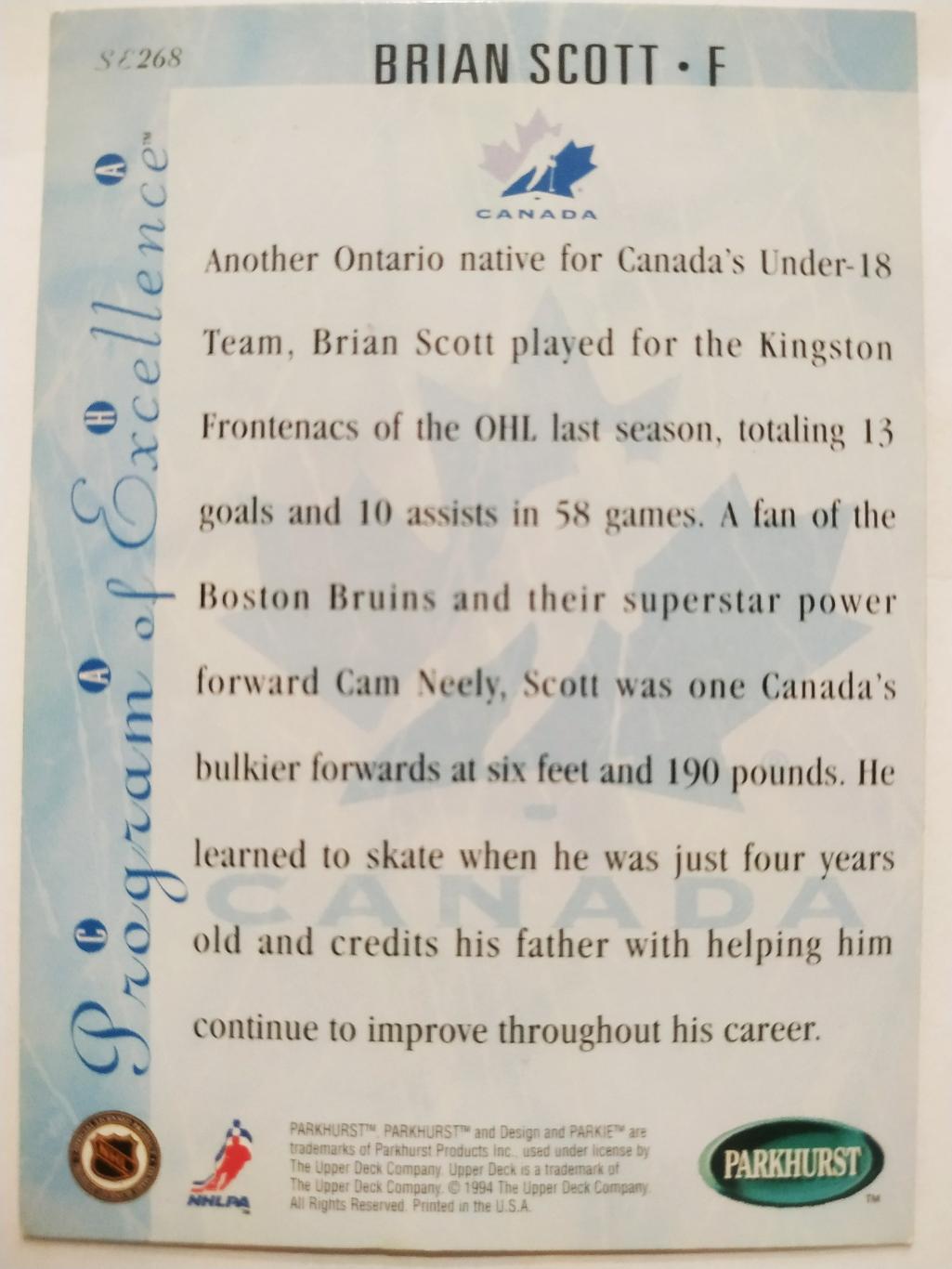 ХОККЕЙ КАРТОЧКА НХЛ PARKHURST 1994-95 NHL BRIAN SCOTT TEAM CANADA #SE268 1
