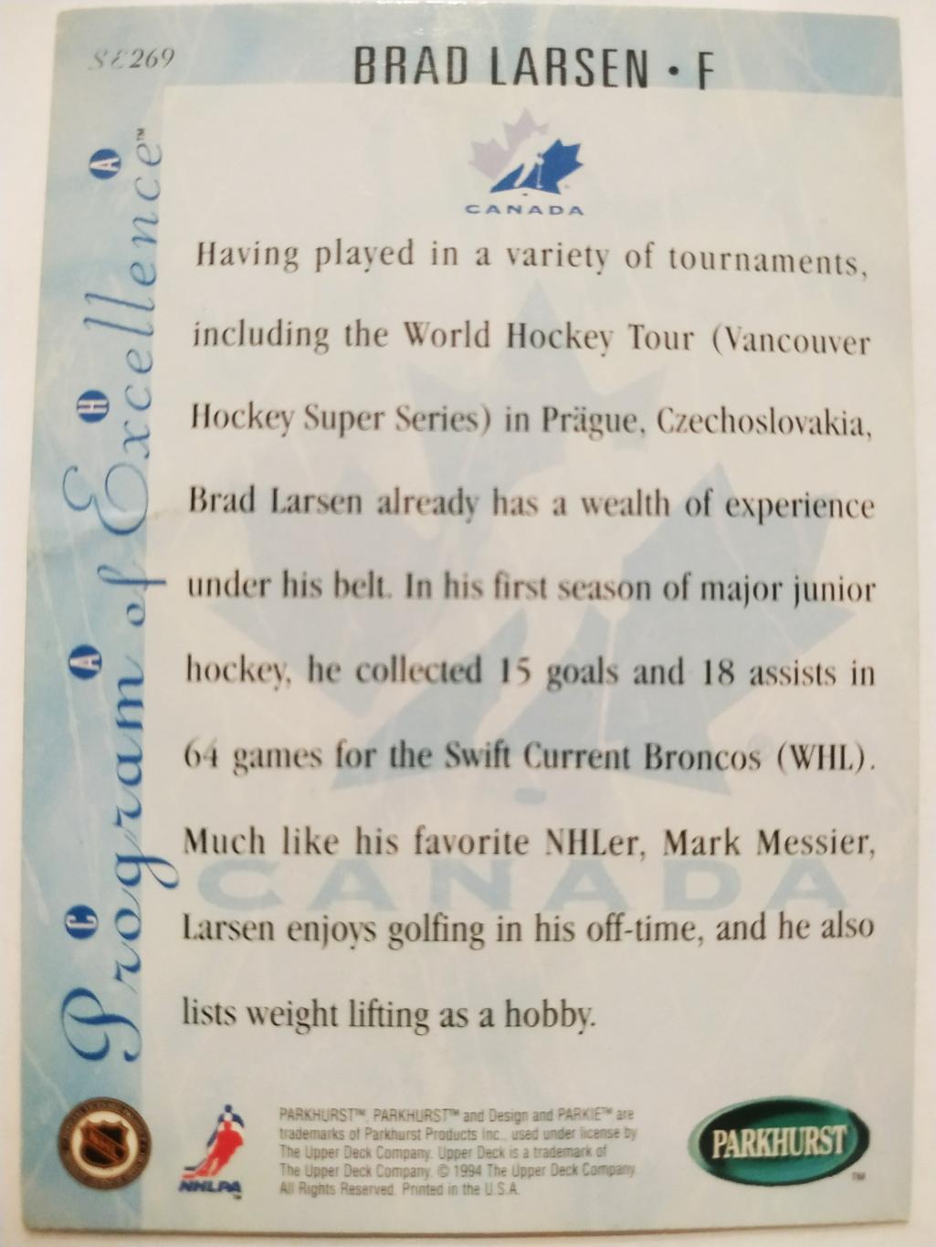 ХОККЕЙ КАРТОЧКА НХЛ PARKHURST 1994-95 NHL BRAD LARSEN TEAM CANADA #SE269 1