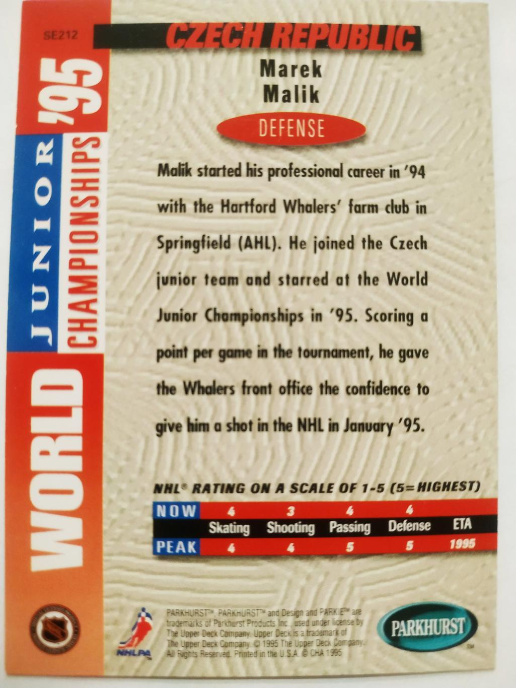 ХОККЕЙ КАРТОЧКА НХЛ PARKHURST 1994-95 NHL MAREK MALIK CZECH REPUBLIC #SE212 1
