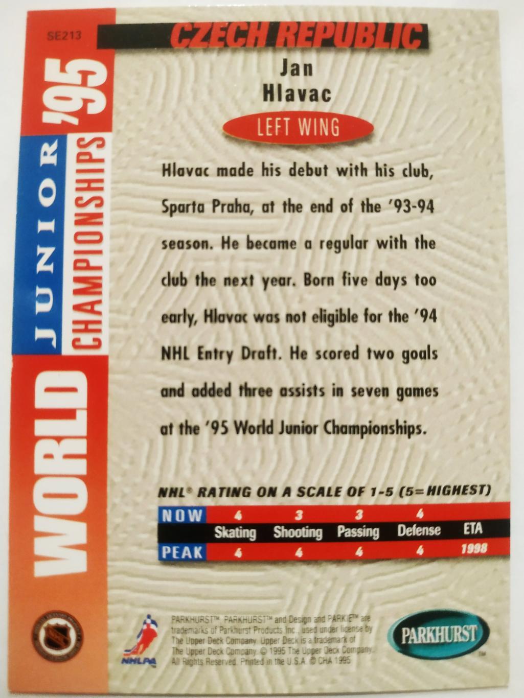 ХОККЕЙ КАРТОЧКА НХЛ PARKHURST 1994-95 NHL JAN HLAVAC CZECH REPUBLIC #SE213 1