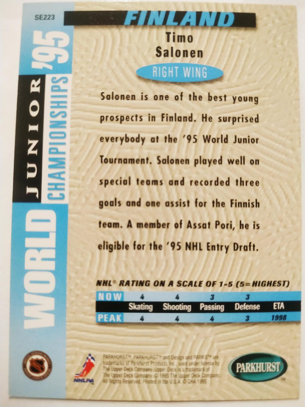 ХОККЕЙ КАРТОЧКА НХЛ PARKHURST 1994-95 NHL TIMO SALONEN TEAM FINLAND #SE223 1