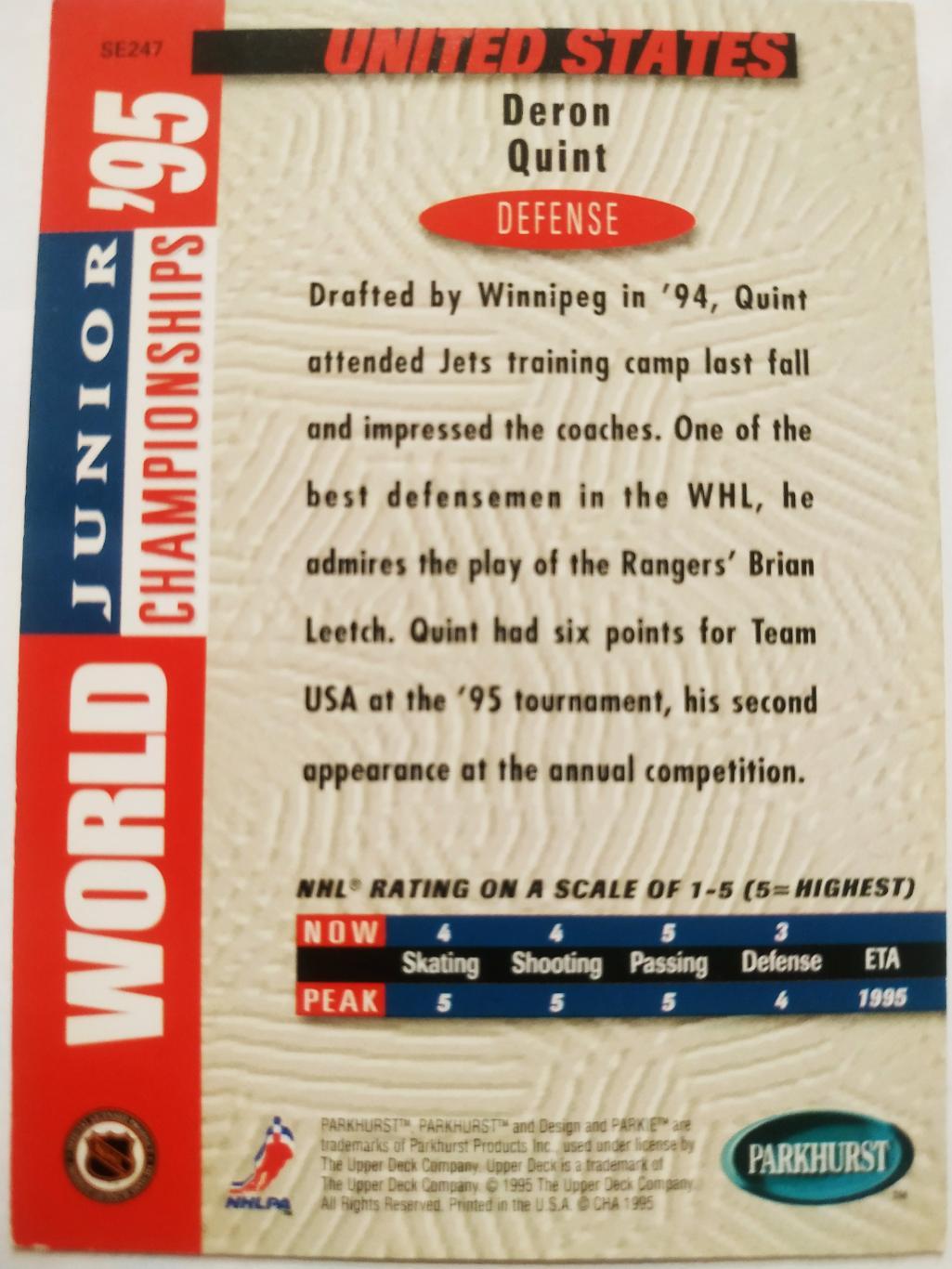 ХОККЕЙ КАРТОЧКА НХЛ PARKHURST 1994-95 NHL DERON QUINT UNITED STATES #SE247 1