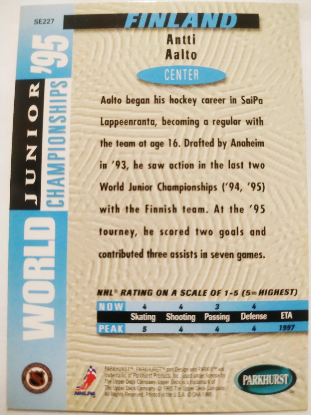 ХОККЕЙ КАРТОЧКА НХЛ PARKHURST 1994-95 NHL ANTTI AALTO TEAM FINLAND #SE227 1