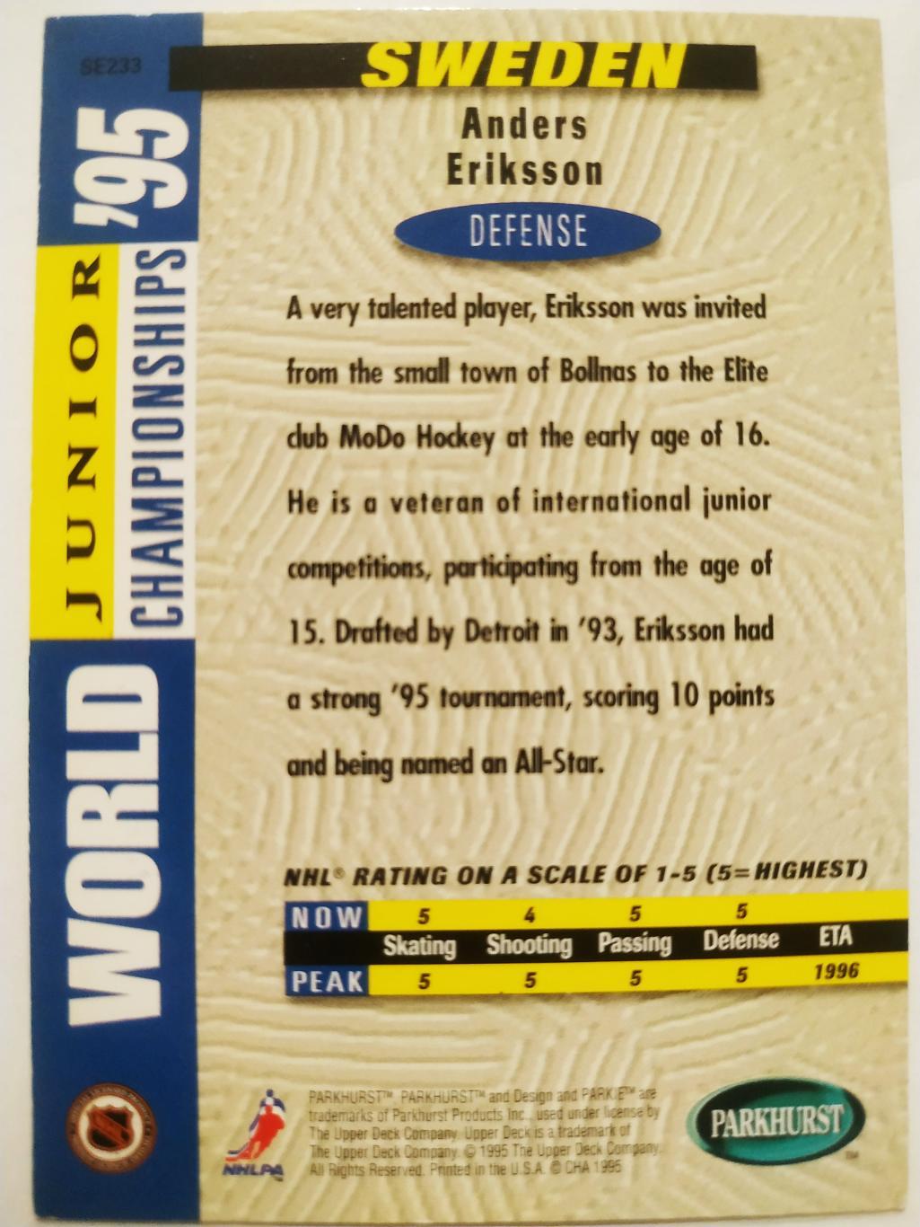 ХОККЕЙ КАРТОЧКА НХЛ PARKHURST 1994-95 NHL ANDERS ERIKSSON TEAM FINLAND #SE233 1