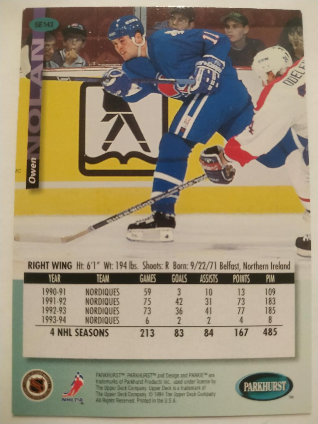 ХОККЕЙ КАРТОЧКА НХЛ PARKHURST 1994-95 NHL OWEN NOLAN QUEBEC NORDIQUES #SE143 1