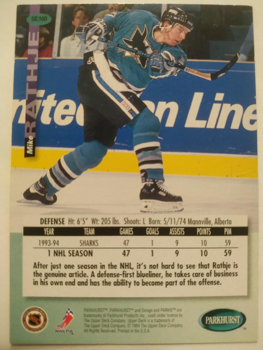 ХОККЕЙ КАРТОЧКА НХЛ PARKHURST 1994-95 NHL MIKE RATHJE SAN JOSE SHARKS #SE160 1