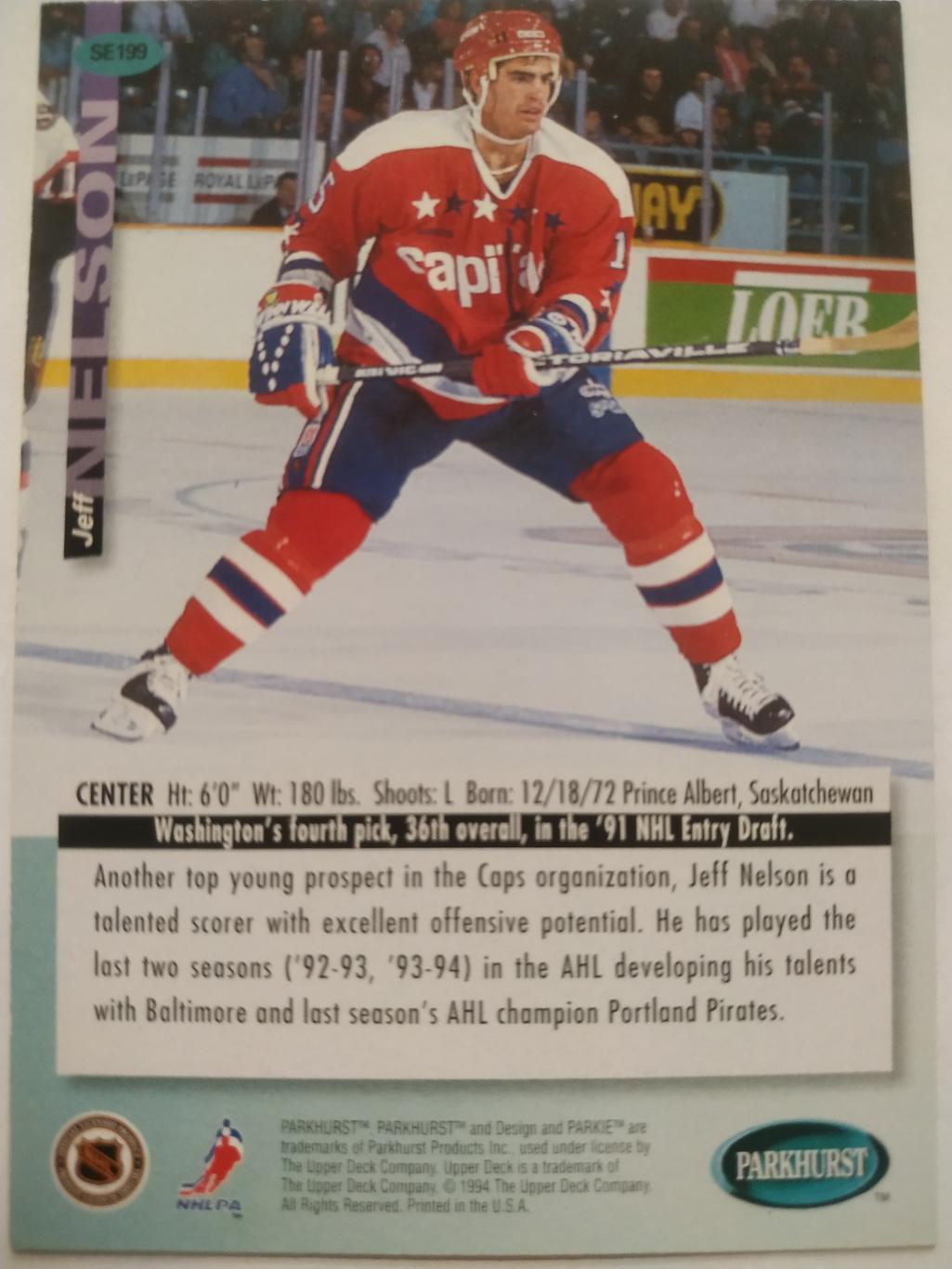 ХОККЕЙ КАРТОЧКА НХЛ PARKHURST 1994-95 NHL JEFF NELSON WASHINGTON #SE199 1