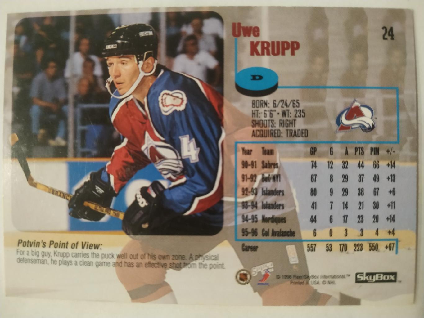 ХОККЕЙ КАРТОЧКА НХЛ IMPACT SKYBOX 1996 97 NHL UWE KRUPP COLORADO 24