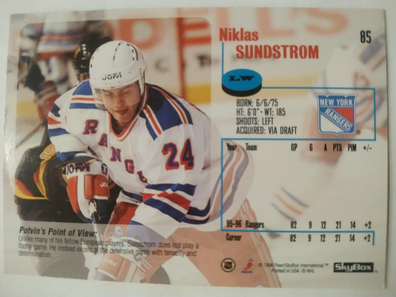ХОККЕЙ КАРТОЧКА НХЛ IMPACT SKYBOX 1996-97 NHL NIKLAS SUNDSTROM RANGERS #85 1