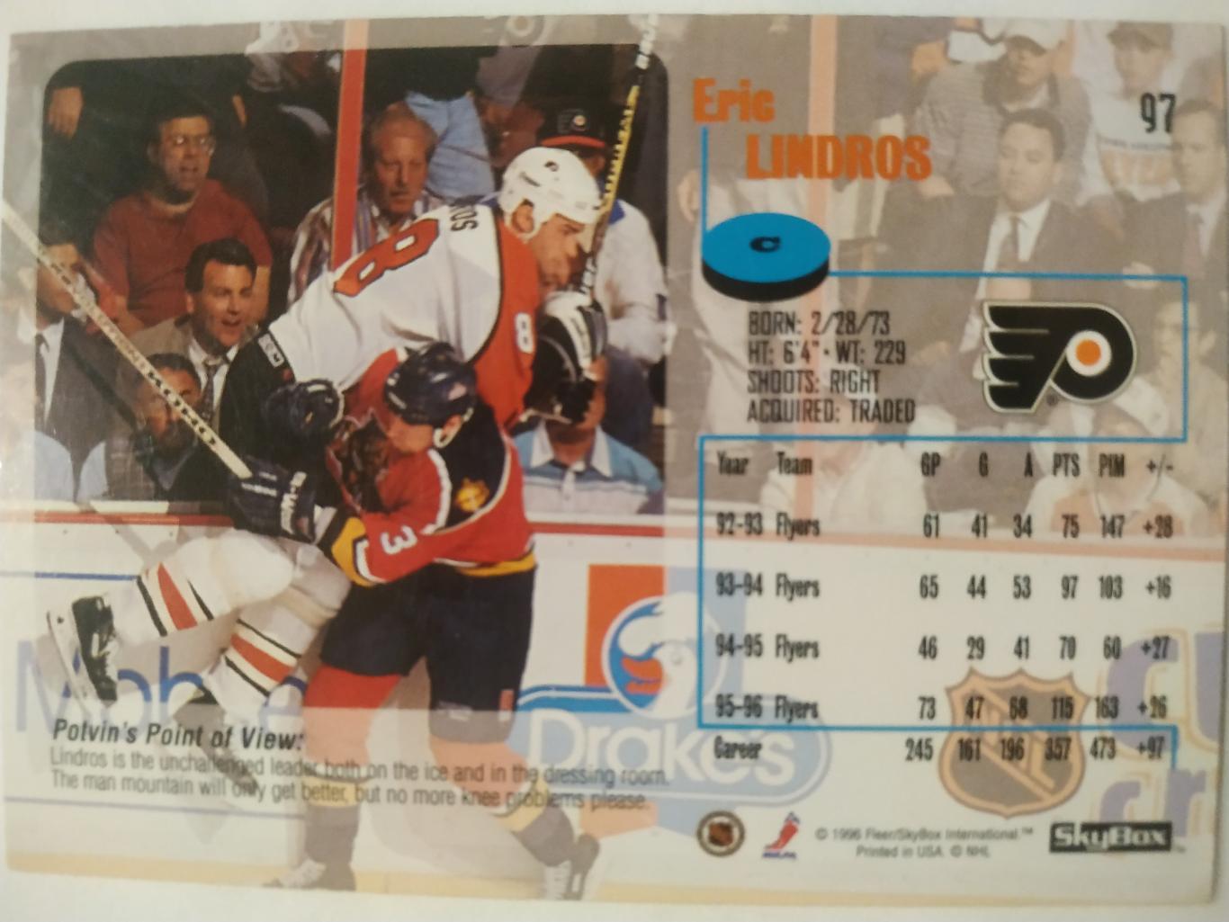 ХОККЕЙ КАРТОЧКА НХЛ IMPACT SKYBOX 1996-97 NHL ERIC LINDROS PHILADELPHIA #97 1