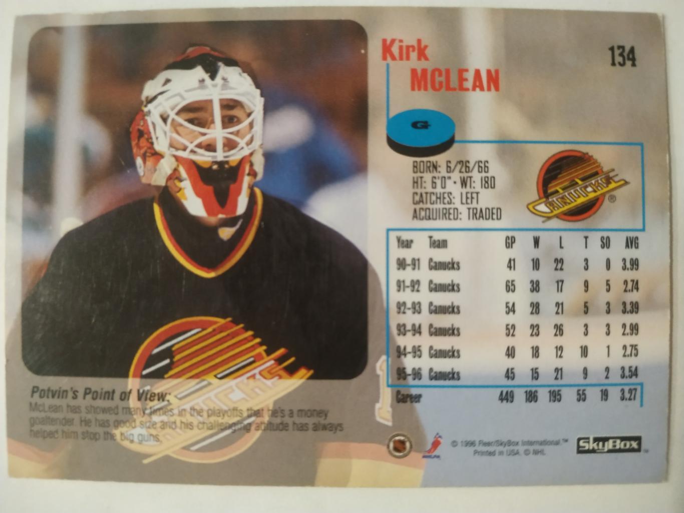 ХОККЕЙ КАРТОЧКА НХЛ IMPACT SKYBOX 1996-97 KIRK MCLEAN VANCOUVER CANUCKS #134 1