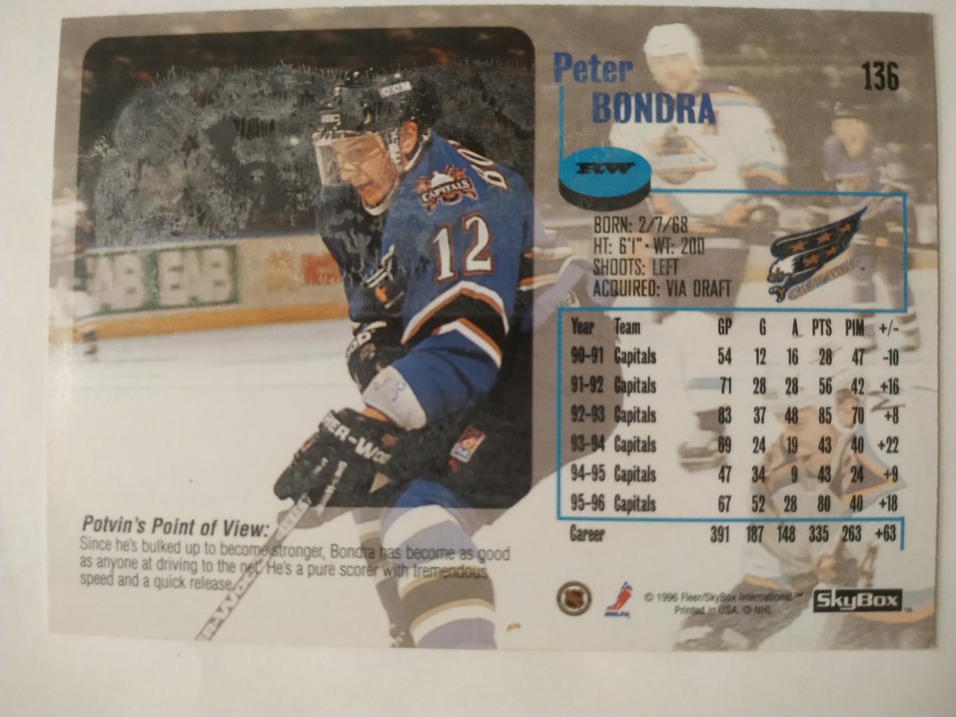 ХОККЕЙ КАРТОЧКА НХЛ IMPACT SKYBOX 1996-97 PETER BONDRA WASINGTON CAPITALS #136 1