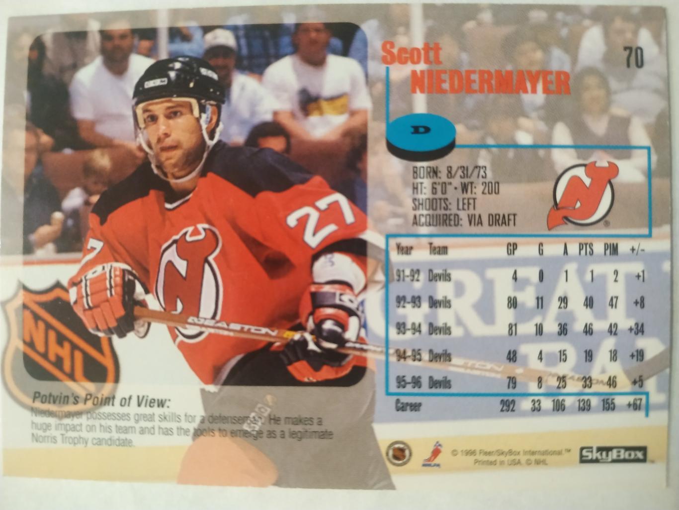 ХОККЕЙ КАРТОЧКА НХЛ IMPACT SKYBOX 1996-97 SCOTT NIEDERMAYER DEVILS #70 1