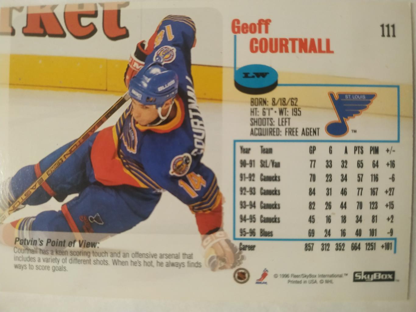 ХОККЕЙ КАРТОЧКА НХЛ IMPACT SKYBOX 1996-97 GEOFF COURTNALL ST. LOUIS BLUES #111 1