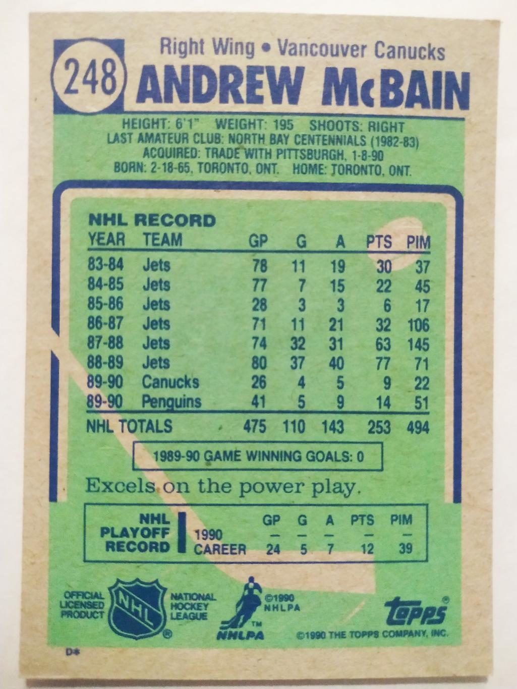ХОККЕЙ КАРТОЧКА НХЛ TOPPS 1990-91 NHL ANDREW MCBAIN VANCOUVER CANUCKS #248 1