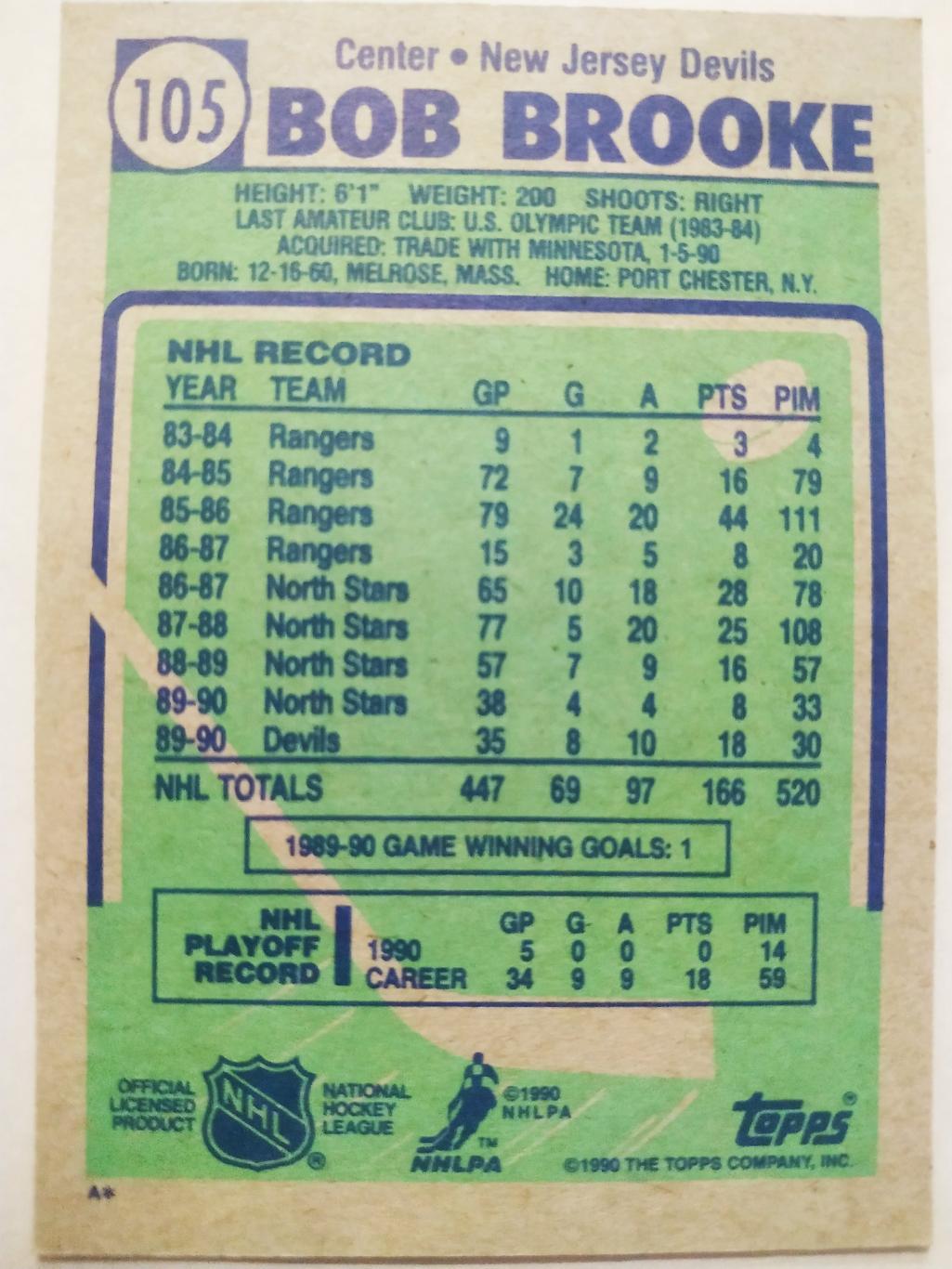 ХОККЕЙ КАРТОЧКА НХЛ TOPPS 1990-91 NHL BOB BROOKE NEW JERSEY DEVILS #105 1