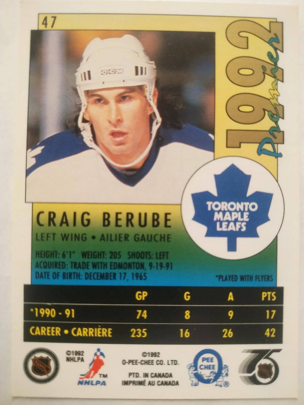 ХОККЕЙ КАРТОЧКА НХЛ O-PEE-CHEE PREMIER 1991-92 NHL CRAIG BERUBE TORONTO #47 1