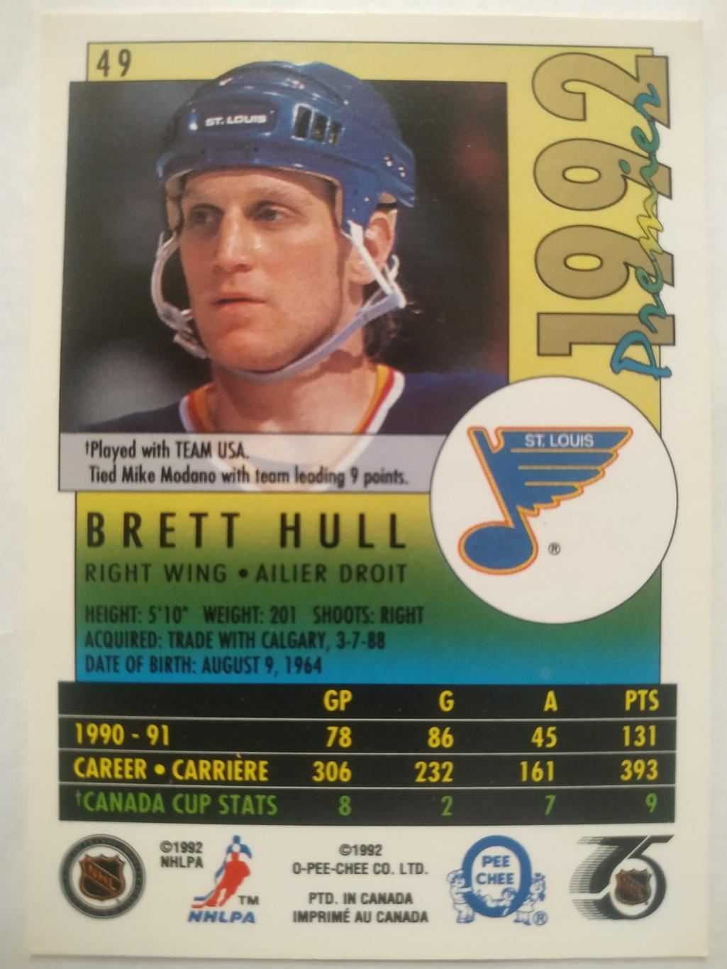 ХОККЕЙ КАРТОЧКА НХЛ O-PEE-CHEE PREMIER 1991-92 NHL BRETT HULL BLUES #49 1