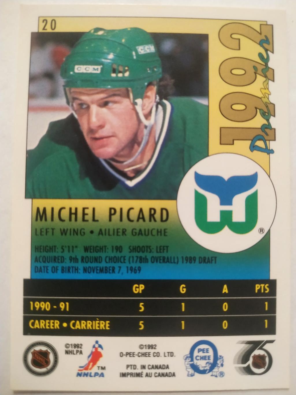 ХОККЕЙ КАРТОЧКА НХЛ O-PEE-CHEE PREMIER 1991-92 NHL MICHEL PICARD WHALERS #20 1