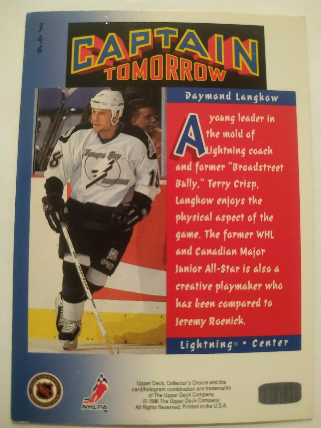 ХОККЕЙ КАРТОЧКА НХЛ UPPER DECK 1996-97 NHL DAYMOND LANGKOW TAMPA BAY #346 1