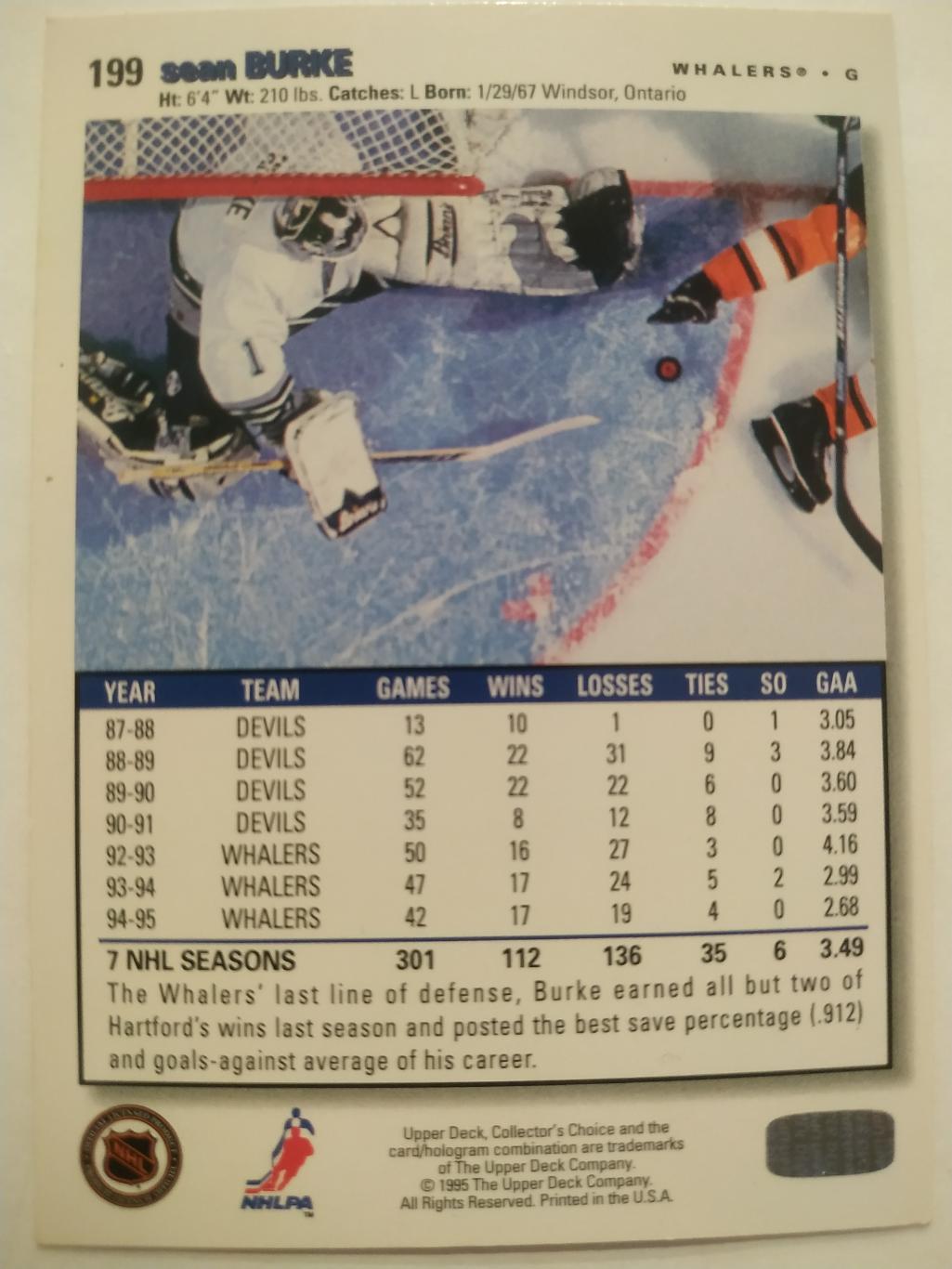 ХОККЕЙ КАРТОЧКА НХЛ UPPER DECK 1995-96 NHL SEAN BURKE WHALERS #199 1