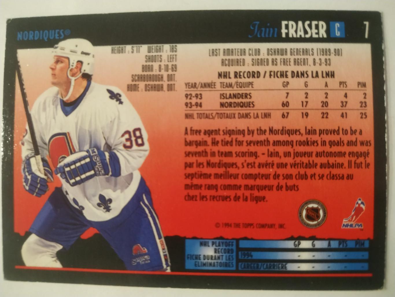 ХОККЕЙ КАРТОЧКА НХЛ TOPPS PREMIER HOCKEY 1994-95 NHL IAIN FRASER NORDIQUES #7 1
