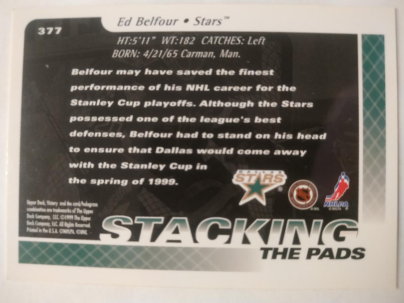 ХОККЕЙ КАРТОЧКА НХЛ UPPER DECK VICTORY 1999-2000 NHL ED BELFOUR DALLARS #377 1