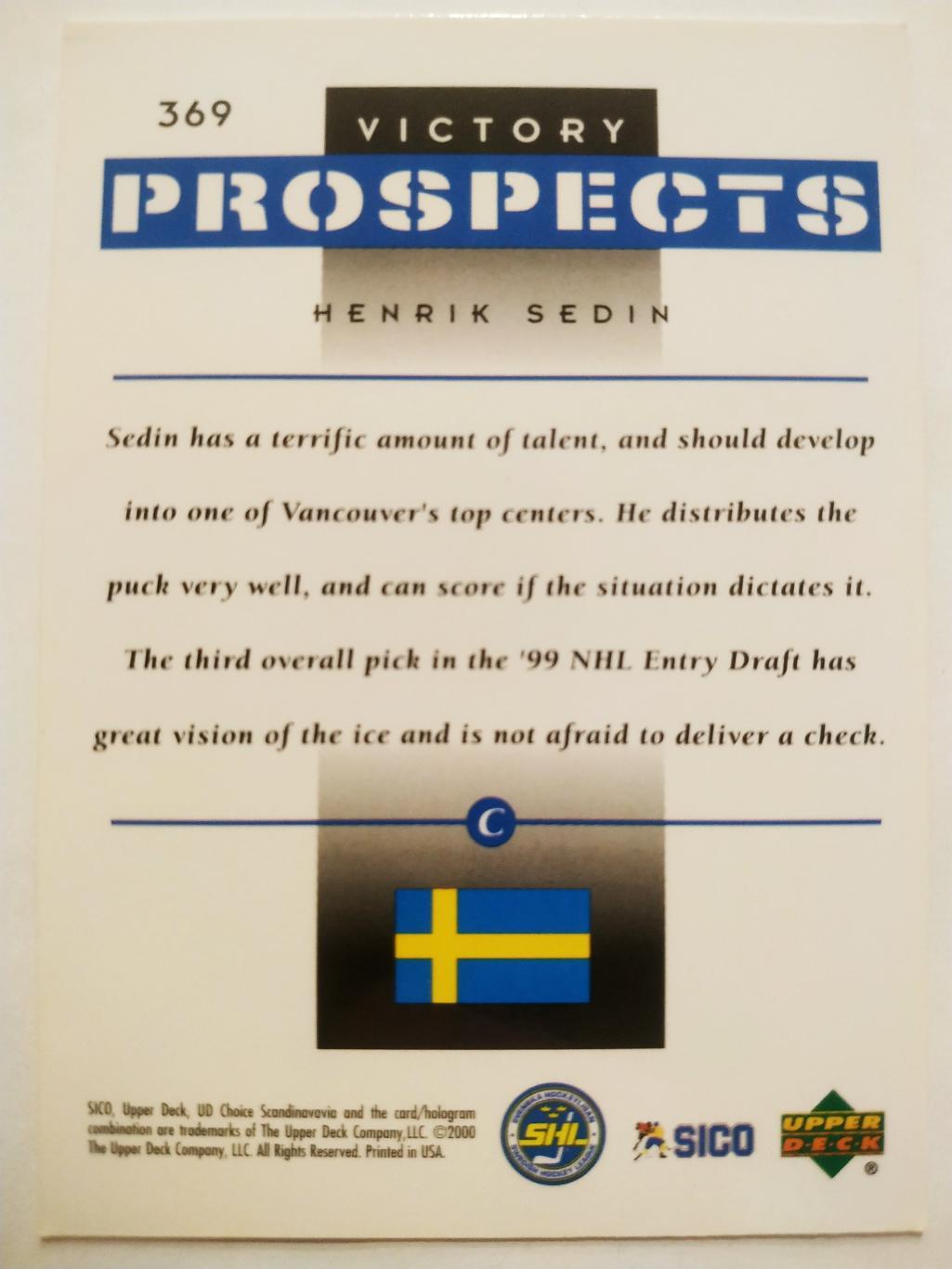 ХОККЕЙ КАРТОЧКА НХЛ UPPER DECK VICTORY 1999-2000 NHL HENRIK SEDIN SWEDISH #369 1