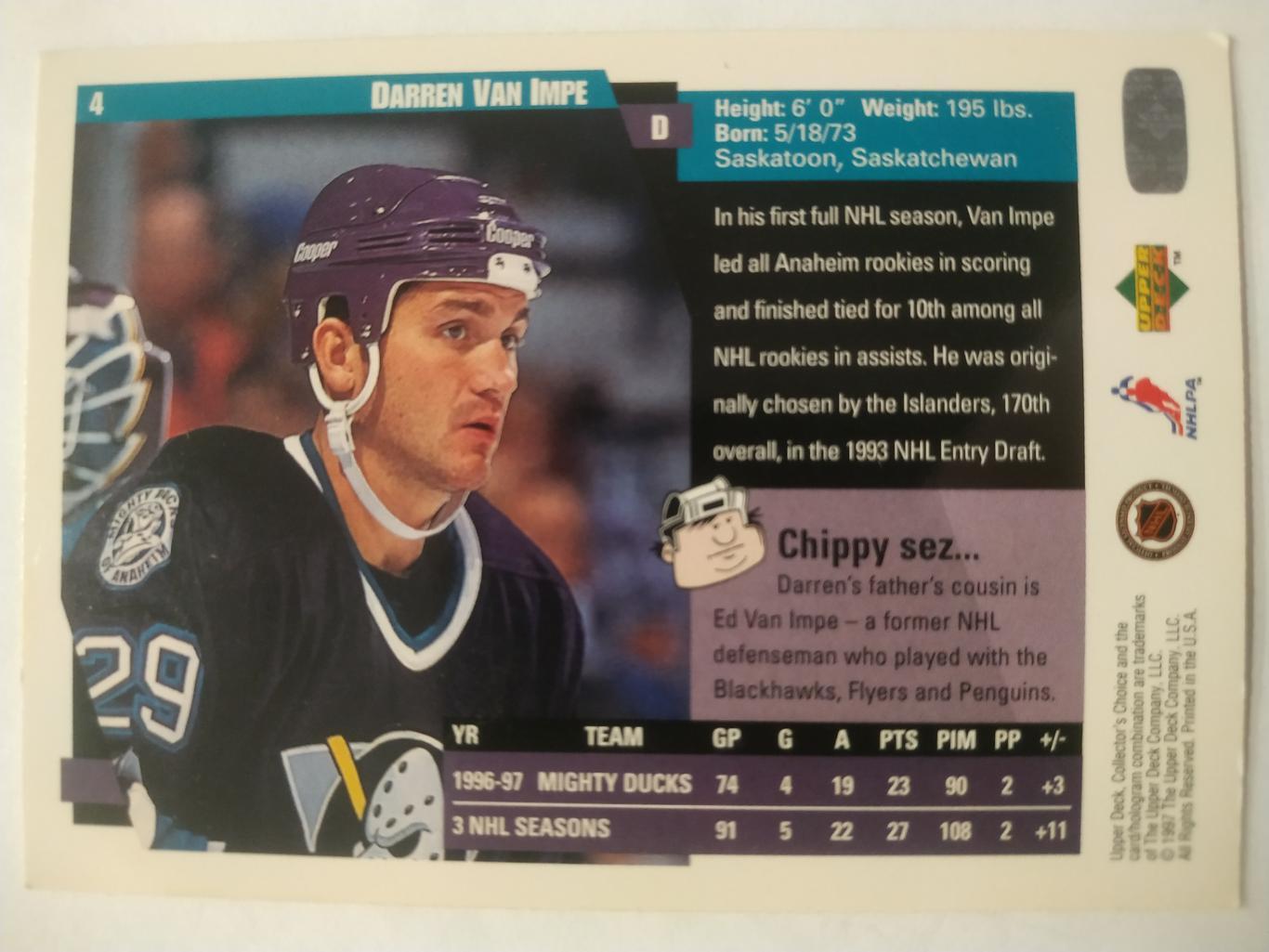 ХОККЕЙ КАРТОЧКА НХЛ UPPER DECK 1997-98 NHL DARREN VAN IMPE MIGHTY DUCKS #4 1