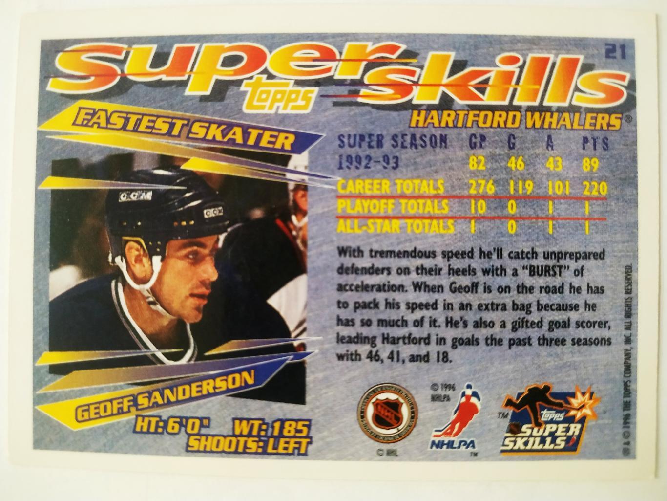 ХОККЕЙ КАРТОЧКА НХЛ TOPPS SUPER SKILLS 1993-94 NHL GEOFF SANDERSON HARFORD #21 1