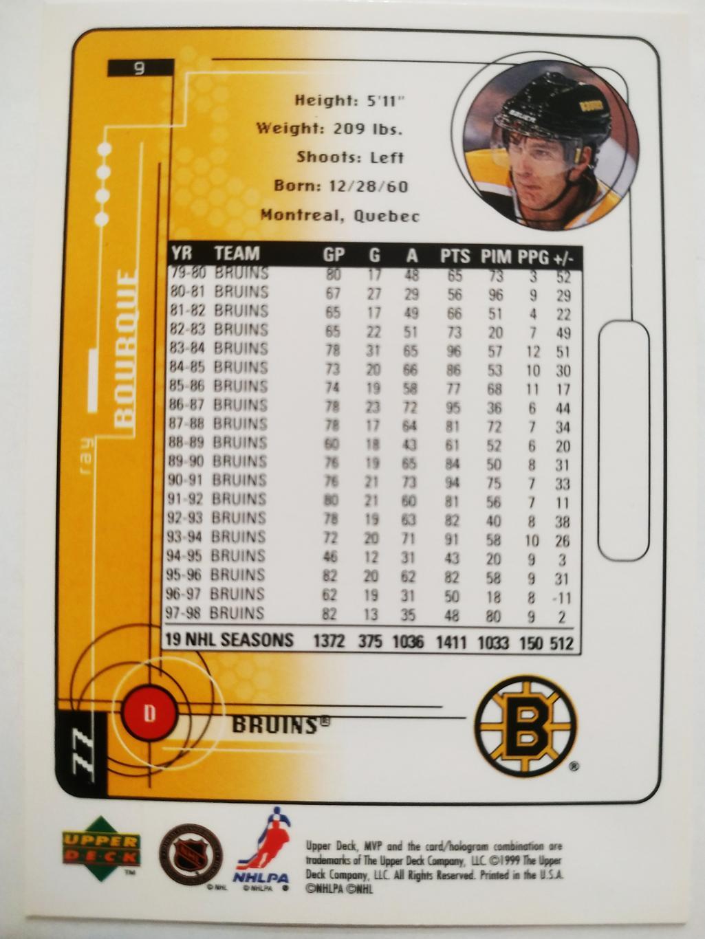 ХОККЕЙ КАРТОЧКА НХЛ UPPER DECK MVP 1998-1999 NHL RAY BOURQUE BOSTON BRUINS #9 1