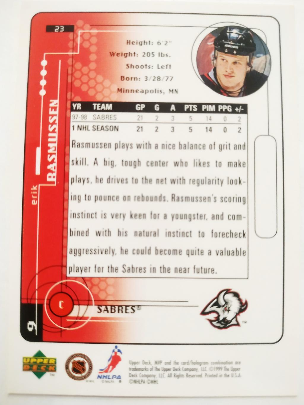 ХОККЕЙ КАРТОЧКА НХЛ UPPER DECK MVP 1998-1999 NHL ERIK RASMUSSEN BUFFALO #23 1