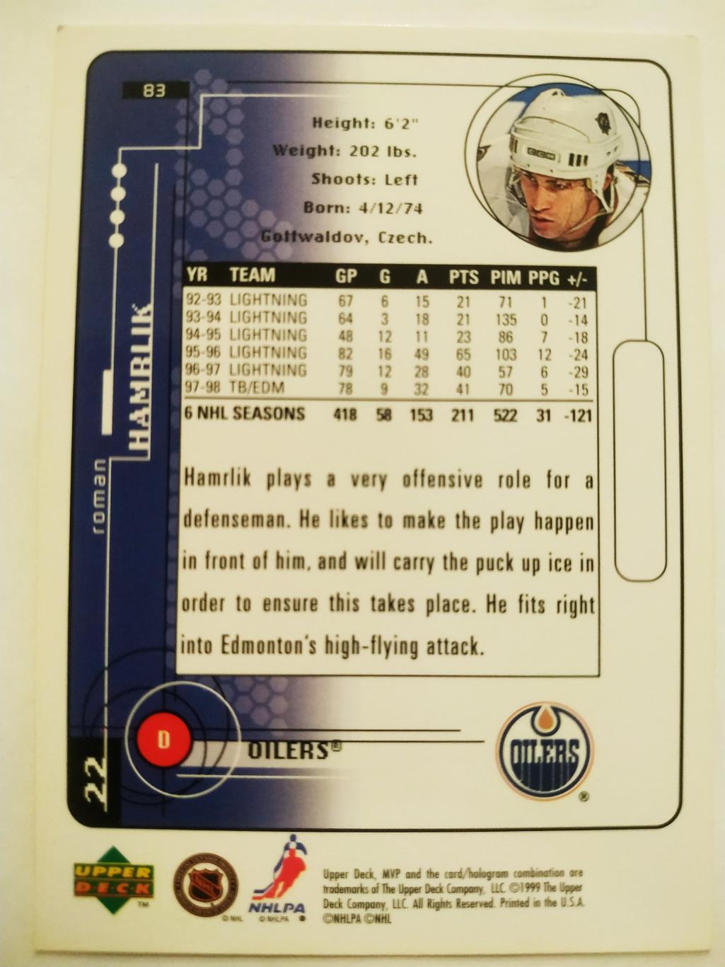 ХОККЕЙ КАРТОЧКА НХЛ UPPER DECK MVP 1998-1999 NHL ROMAN HAMRLIK LIGHTNING #83 1
