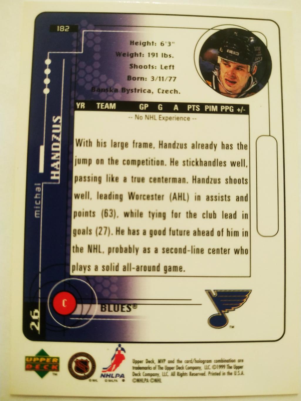 ХОККЕЙ КАРТОЧКА НХЛ UPPER DECK MVP 1998-1999 NHL MICHAL HANDZUS BLUES #182 1