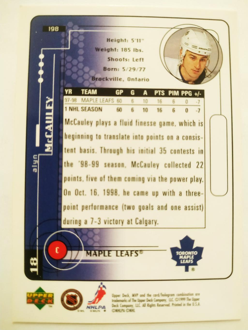 ХОККЕЙ КАРТОЧКА НХЛ UPPER DECK MVP 1998-1999 NHL ALYN MCCAULEY TORONTO #198 1