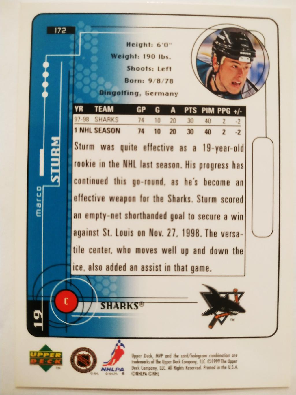 ХОККЕЙ КАРТОЧКА НХЛ UPPER DECK MVP 1998-1999 NHL MARCO STURM SHARKS #172 1