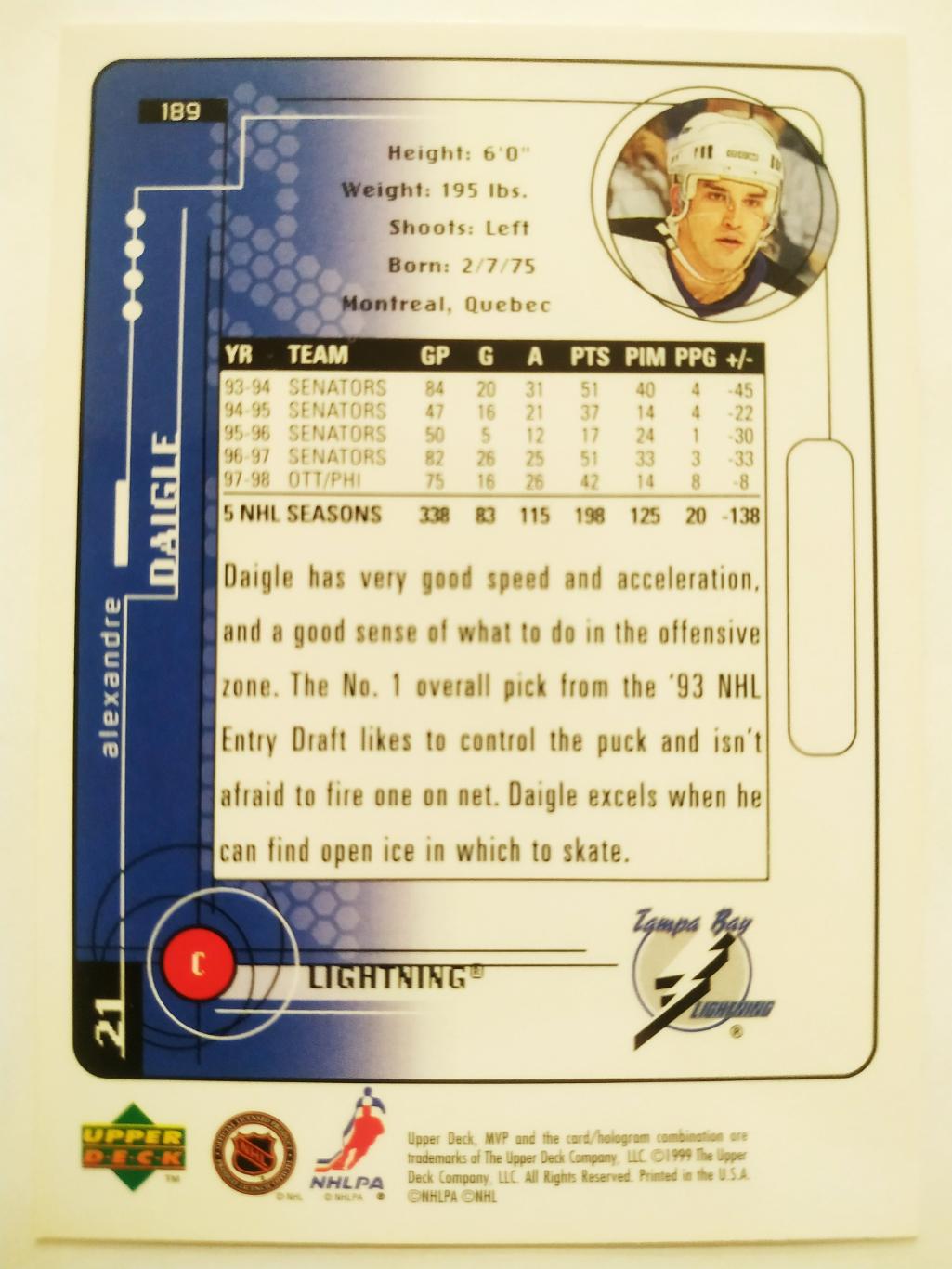 ХОККЕЙ КАРТОЧКА НХЛ UPPER DECK MVP 1998-1999 NHL ALEXANDRE DAIGLE OTTAWA #189 1