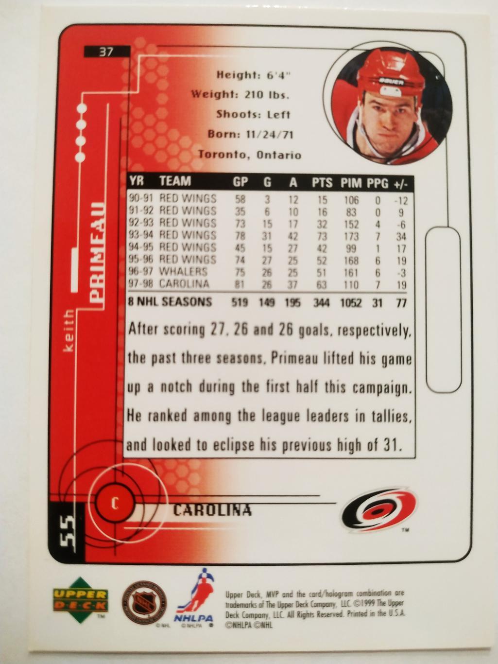 ХОККЕЙ КАРТОЧКА НХЛ UPPER DECK MVP 1998-1999 NHL KEITH PRIMEAU CAROLINA #37 1