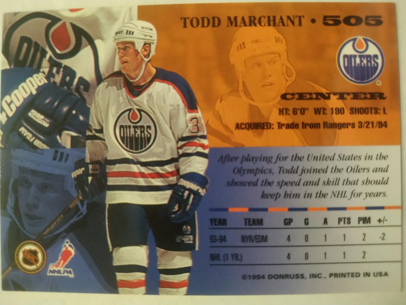 ХОККЕЙ КАРТОЧКА НХЛ DONRUSS LEAF SET 1994-95 TODD MARCHANT EDMONTON #505 1