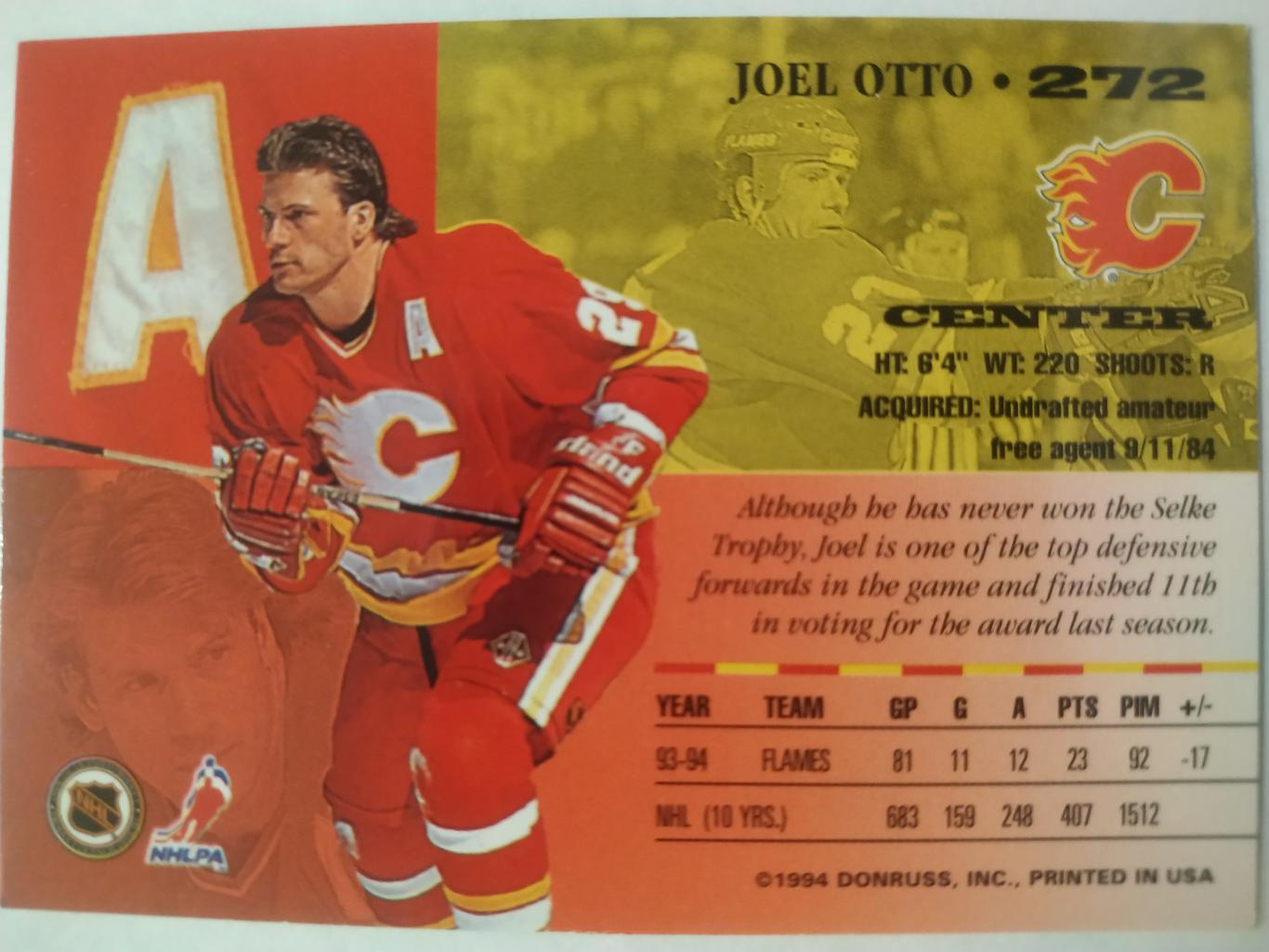 ХОККЕЙ КАРТОЧКА НХЛ DONRUSS LEAF SET 1994-95 JOEL OTTO CALGARY FLAMES #272 1