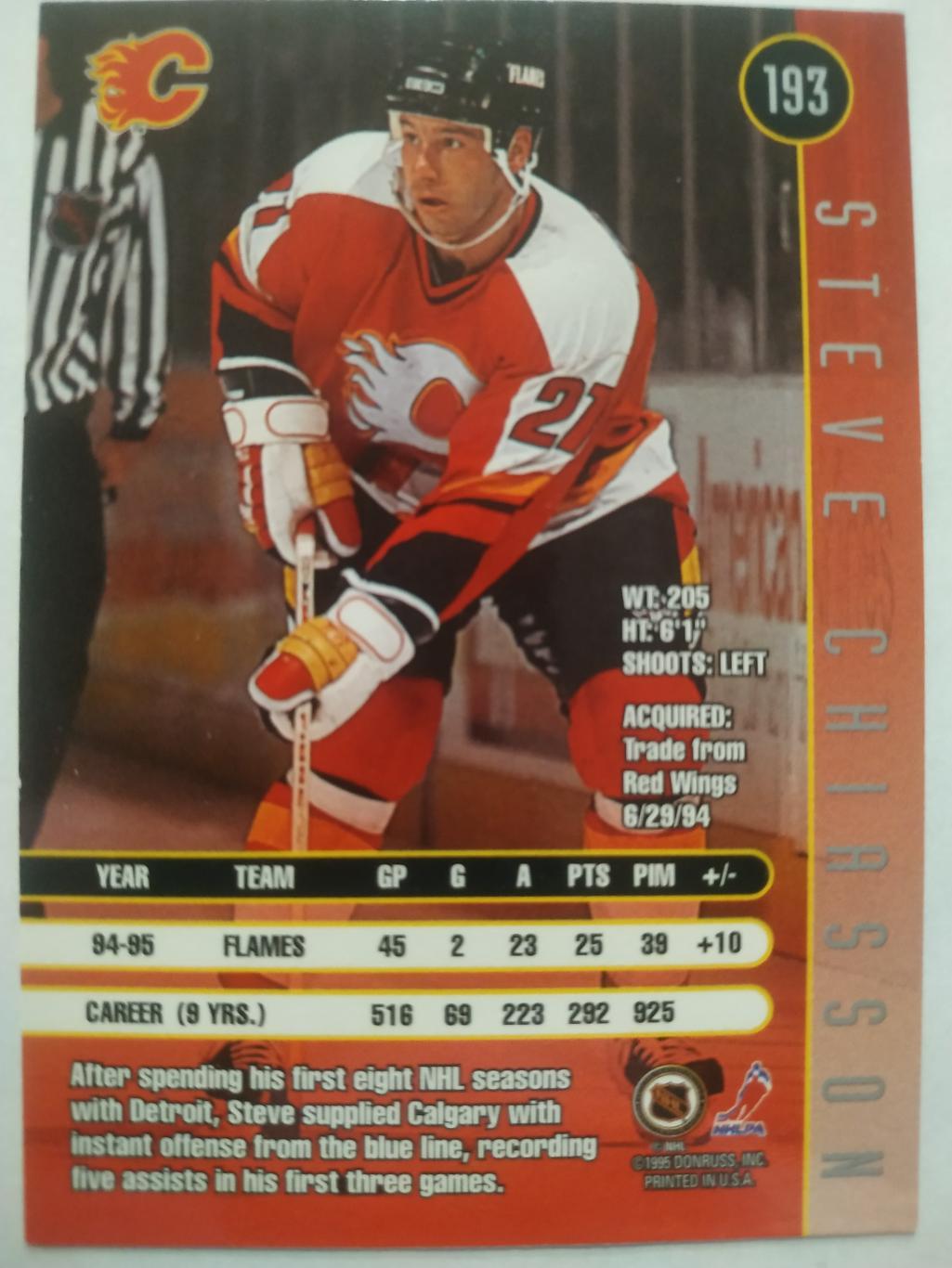 ХОККЕЙ КАРТОЧКА НХЛ DONRUSS LEAF 1995-96 STEVE CHIASSON CALGARY FLAMES #193 1