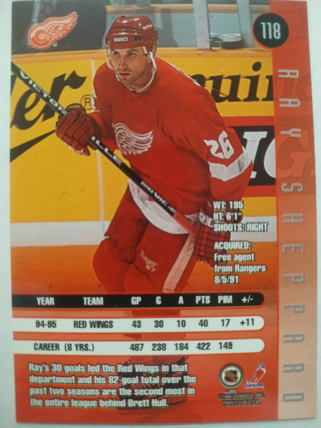 ХОККЕЙ КАРТОЧКА НХЛ DONRUSS LEAF 1995-96 RAY SHEPPARD DETROIT RED WINGS #118 1
