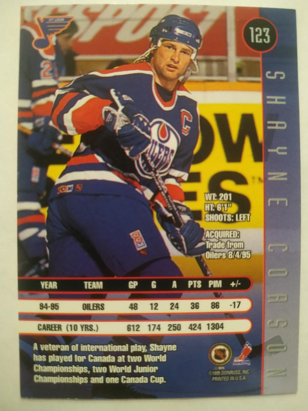 ХОККЕЙ КАРТОЧКА НХЛ DONRUSS LEAF 1995-96 SHAYNE CORSON ST. LOUIS BLUES #123 1