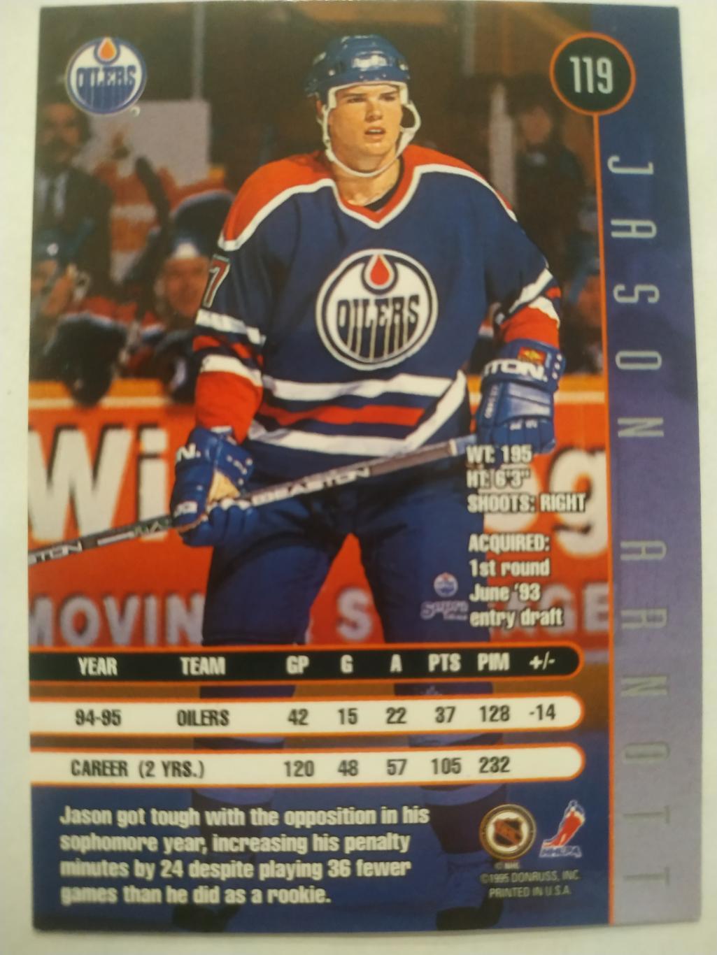 ХОККЕЙ КАРТОЧКА НХЛ DONRUSS LEAF 1995-96 JASON ARNOTT EDMONTON OILERS #119 1