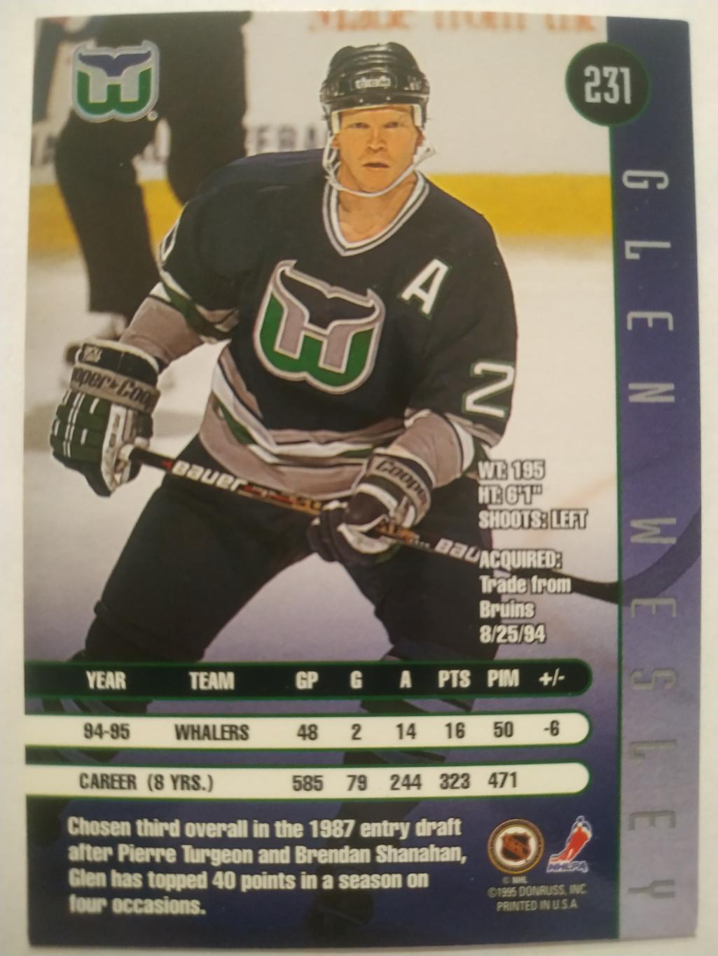 ХОККЕЙ КАРТОЧКА НХЛ DONRUSS LEAF 1995-96 GLEN WESLEY HARFORD WHALERS #231 1